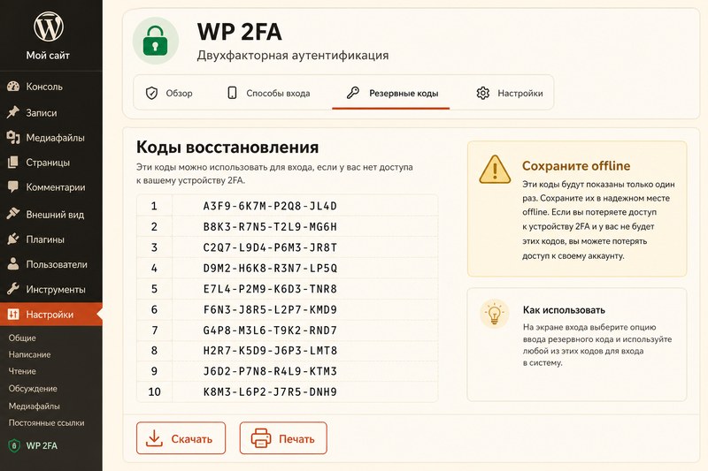 Коды восстановления двухфакторной аутентификации WordPress