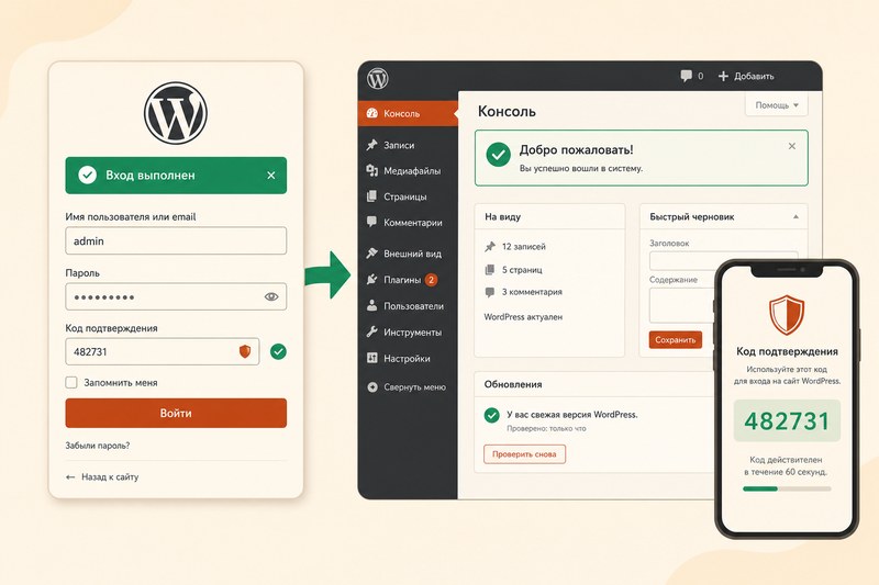 Успешный вход в WordPress с двухфакторным кодом