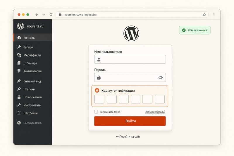 Экран входа WordPress с полем двухфакторного кода