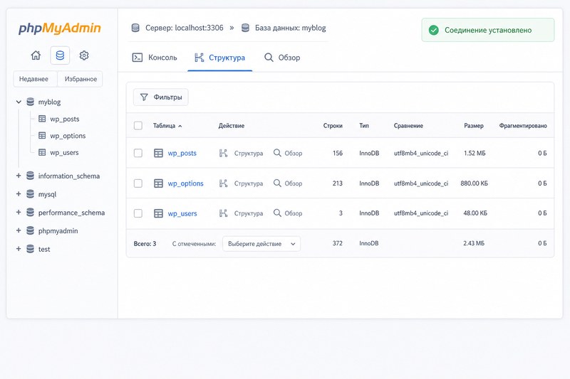 Проверка подключения к базе через phpMyAdmin