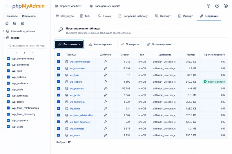 Восстановление таблиц MySQL WordPress