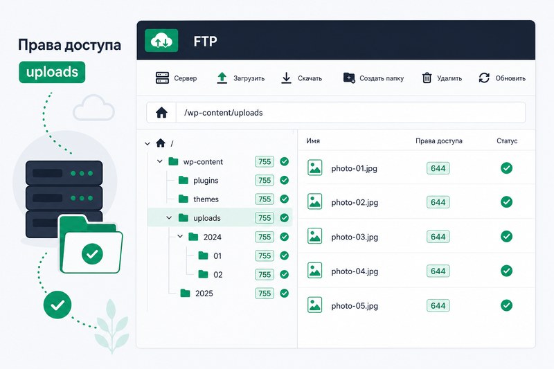 Права доступа к папке uploads WordPress