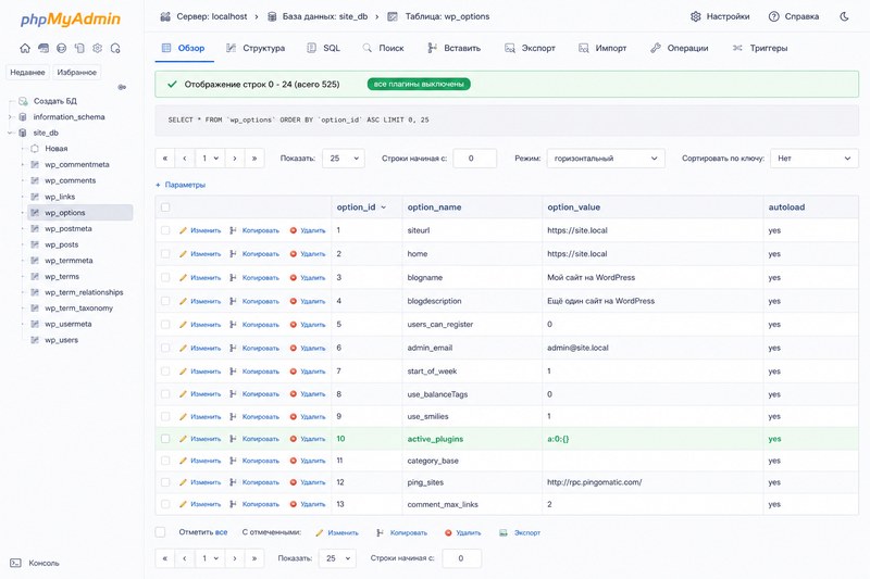 Поле active_plugins в таблице wp_options WordPress