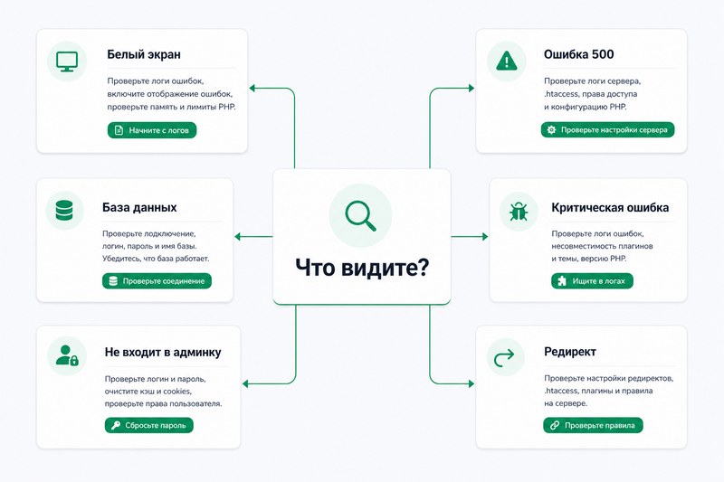 Карта симптомов неработающего сайта WordPress