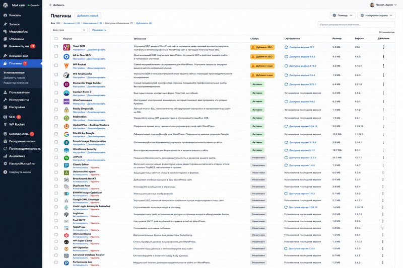 Длинный список плагинов WordPress