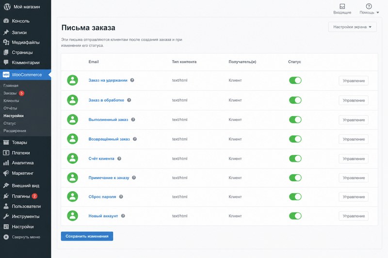Типы писем WooCommerce о заказе